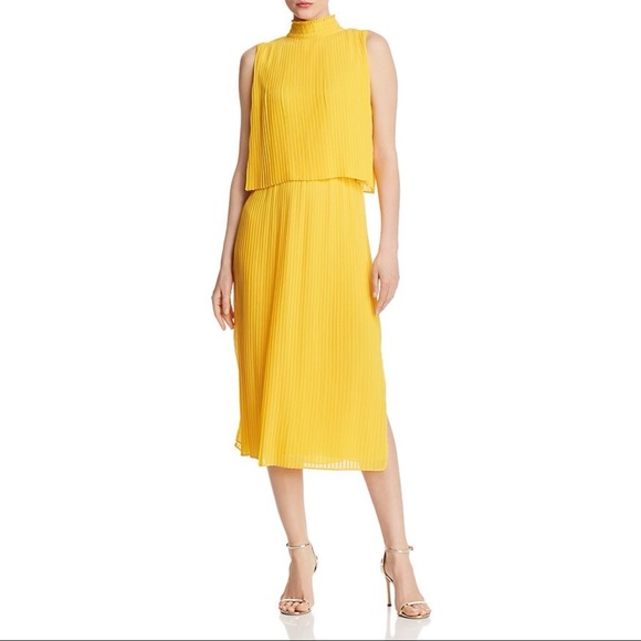 yellow pleated midi dress
